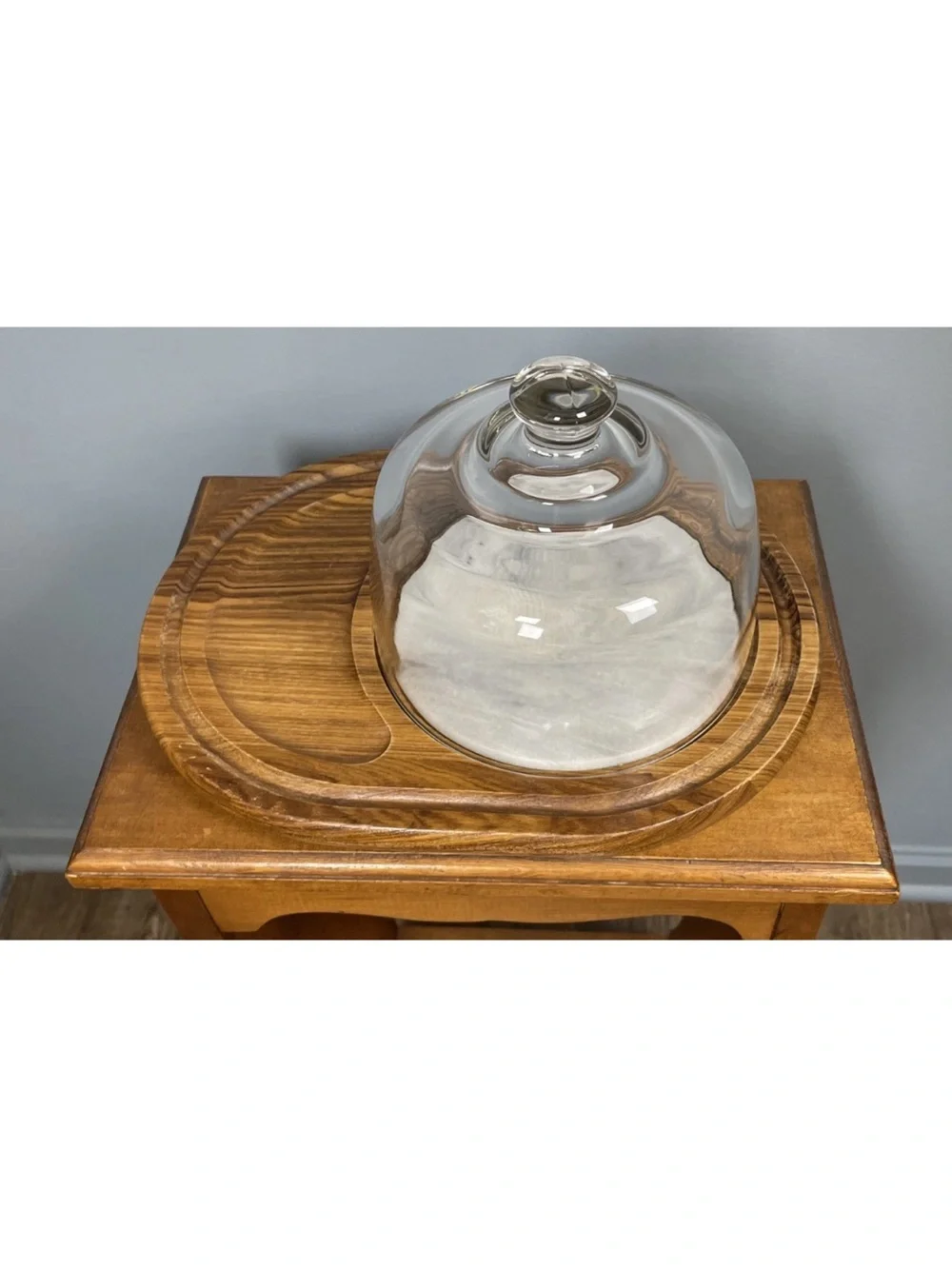 Vintage Dolphin Teakwood Cheese Board Serving Tray Marble W/ Clear Glass Dome